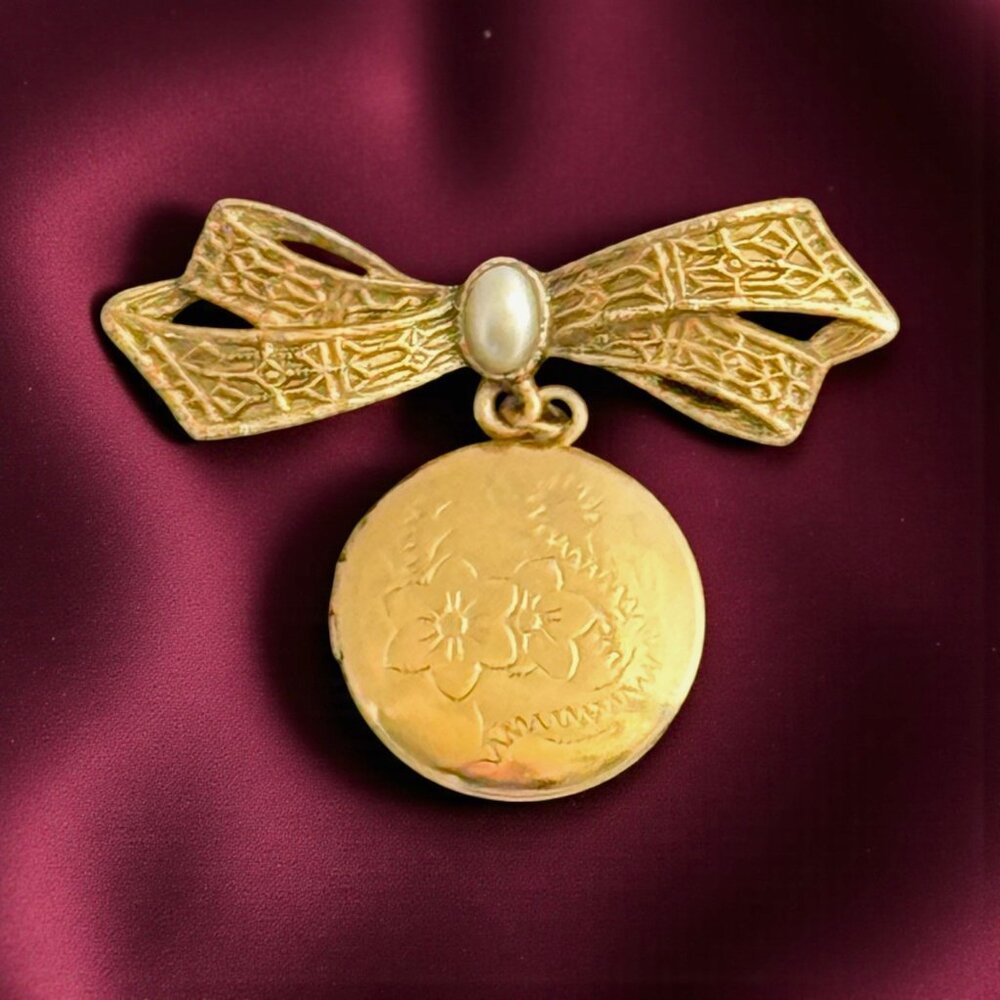 Vintage Gold-Tone Engraved Locket Brooch With Faux Pearl and Bow